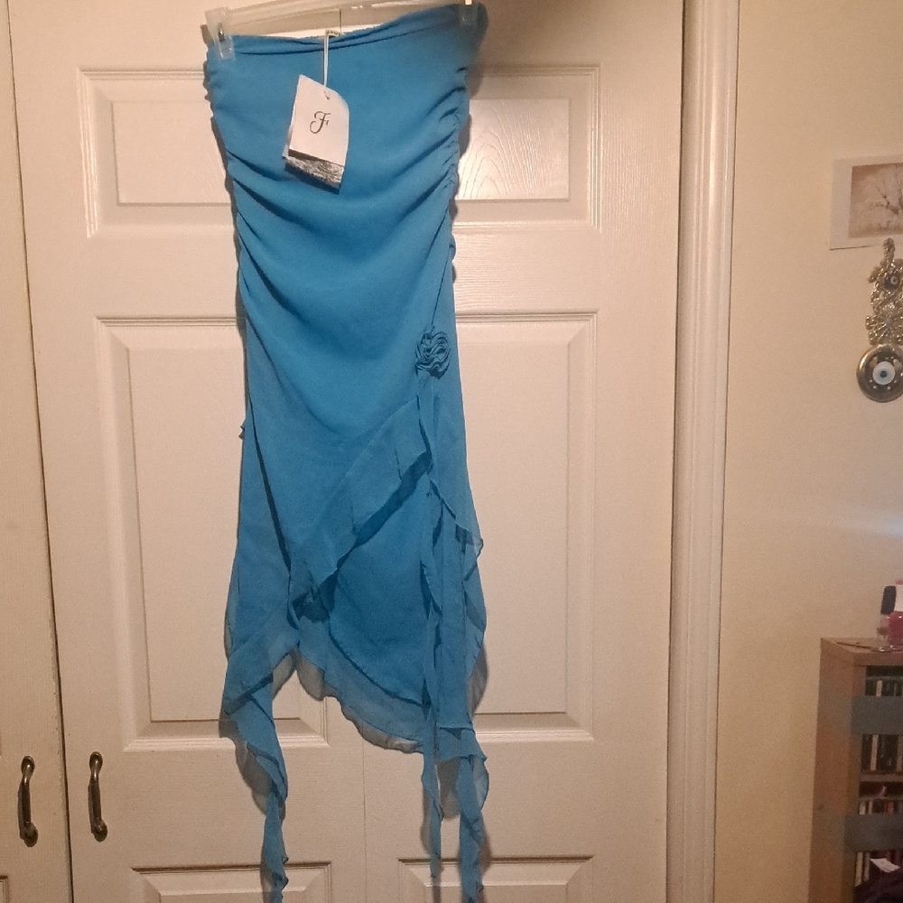 π₯NWT Classy Strapless Sky blue Dress Floral Detail & tassel trim Petite fit